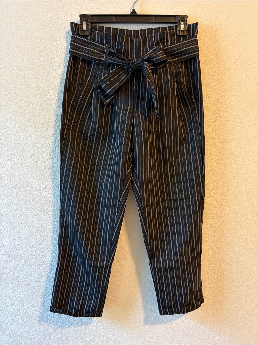 Indigo Rein Black Pinstripe Paperbag Ankle Pants